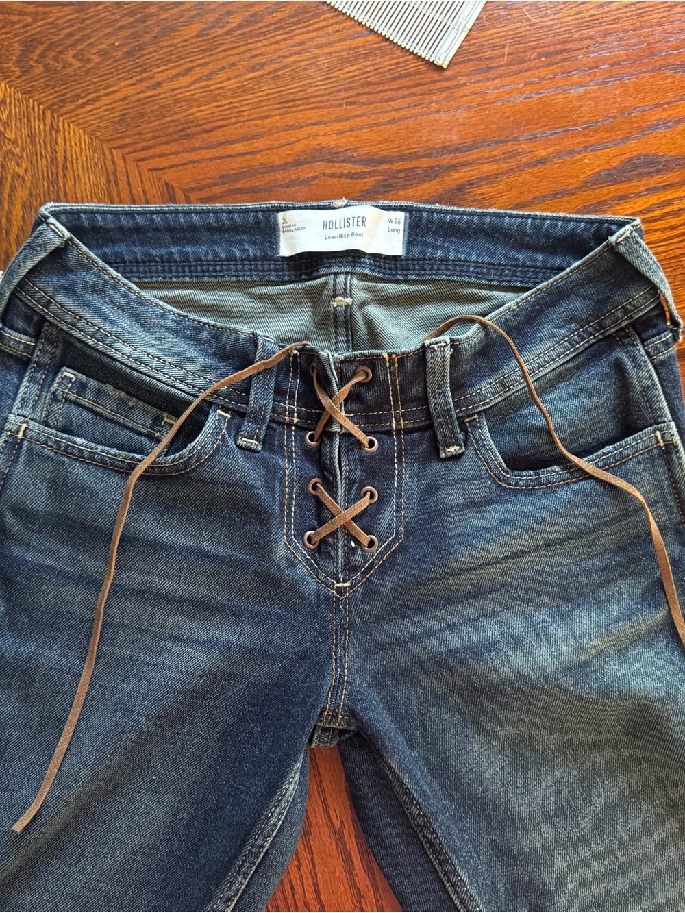 Hollister Women's Dark Blue Lace-Up Front Jeans with Brown Cord